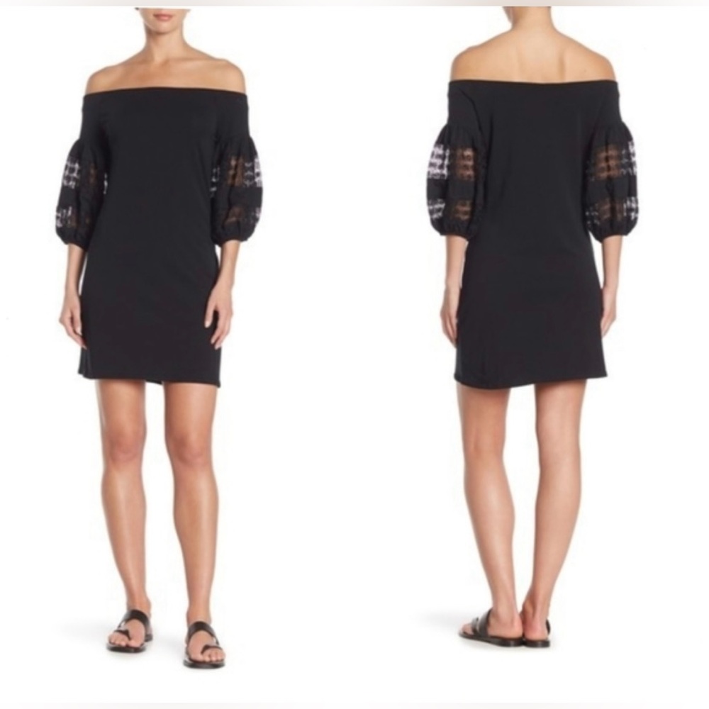 1.STATE Black Lace Puff Sleeve Off Shoulder Mini Dress